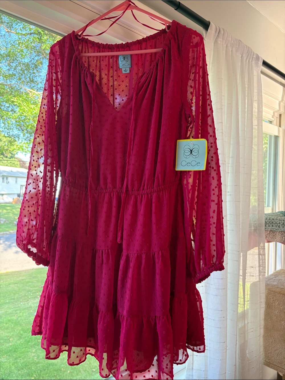 CeCe Raspberry Swiss Dot Tiered Mini Dress